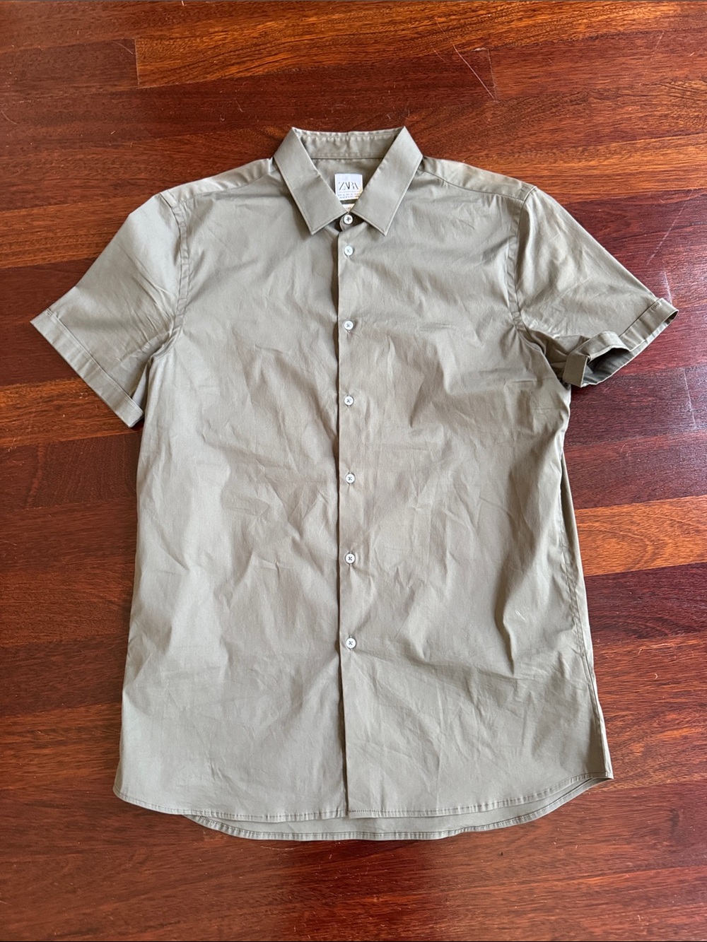 Zara Men's Dark Green Button Down Short Sleeve Shirt Superslim Fit Cotton